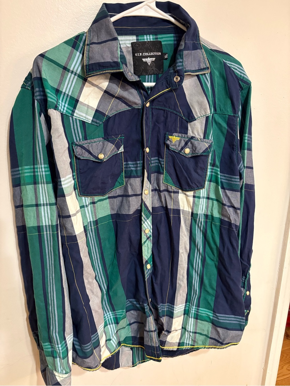 VIP Collection Men's western Green & Navy Plaid Button-Up Shirt pearl snaps XL